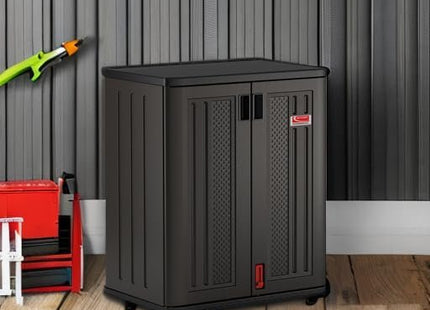 Suncast Commercial Heavy-Duty 9 Cubic Ft. Resin Storage Cabinet with Lockable Handles, Adjustable Metal-Reinforced Shelves for Garage or Workspace, Black, Made in The USA