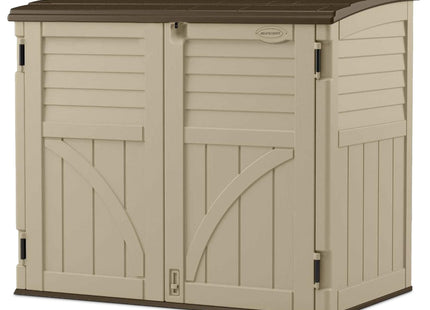 Suncast 34 Cubic Feet Durable All Weather Lockable Horizontal Plastic Compact Storage Shed for Garden, Backyard, Patio, and Pool Supplies, Sand