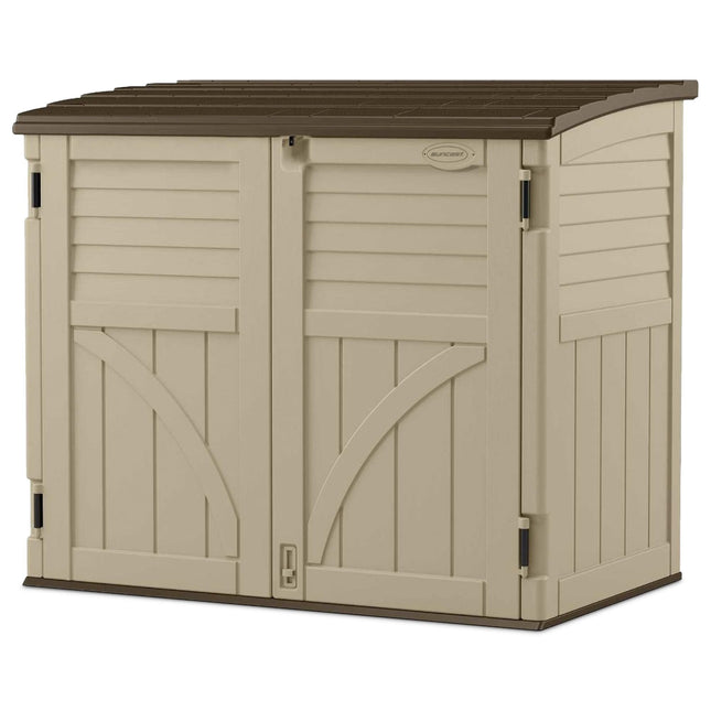 Suncast 34 Cubic Feet Durable All Weather Lockable Horizontal Plastic Compact Storage Shed for Garden, Backyard, Patio, and Pool Supplies, Sand