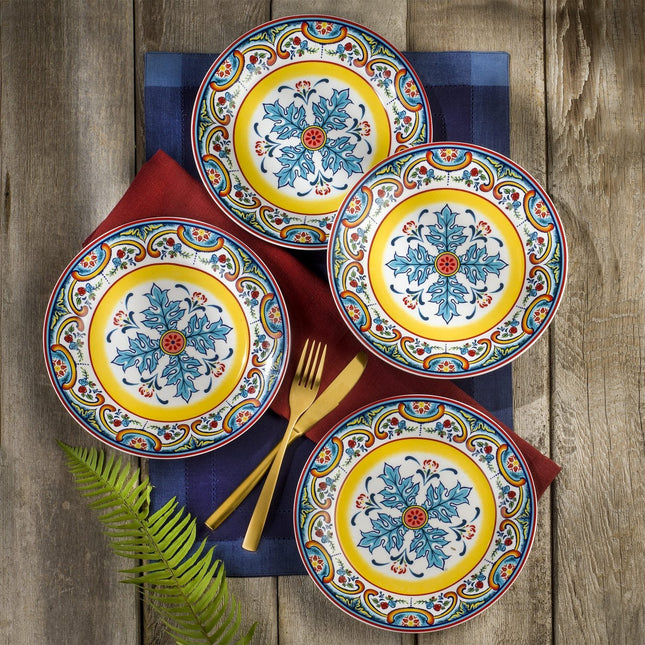 Euro Ceramica Zanzibar Collection Vibrant 8.7" Ceramic Salad/Dessert Plates, Set of 4, Spanish Floral Design, Multicolor