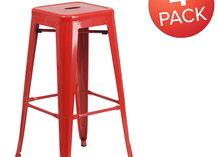 Flash Furniture Lily 4 Pack Commercial Grade 30" High Backless Red Metal Indoor-Outdoor Barstool with Square Seat
