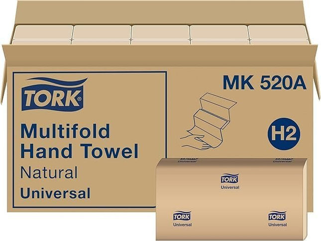 Tork-E Multifold Hand Towel, Natural, 100% recycled, FSC certified, Compatible with H2 Dispensers, 16 packs x 250 sheets (MK520A), Made in the USA