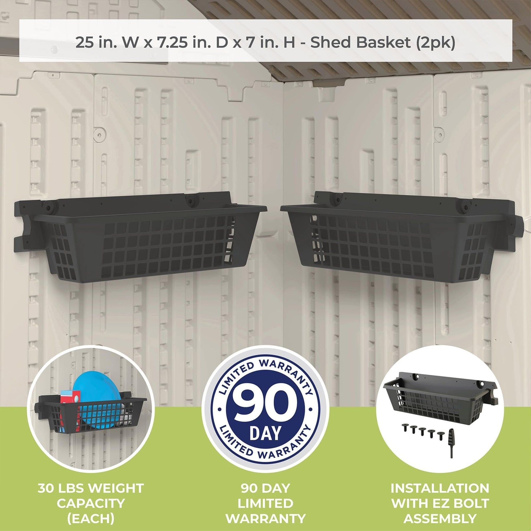 Suncast 25" x 7.25" x 7" Resin Shelf Basket Accessory with EZ Bolt Assembly for Select Outdoor Shed Storage Models, Black (2-Pack)