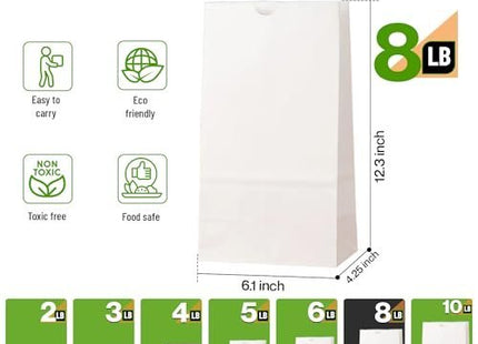 Glownary - White Paper Bags for Lunch, Craft, or Takeout. (8 LB, 500 Count - White)