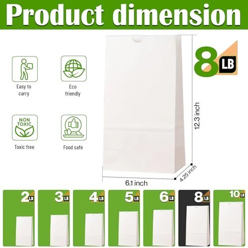 Glownary - White Paper Bags for Lunch, Craft, or Takeout. (8 LB, 500 Count - White)