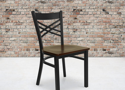 Flash Furniture 2 Pack HERCULES Series Black ''X'' Back Metal Restaurant Chair - Mahogany Wood Seat