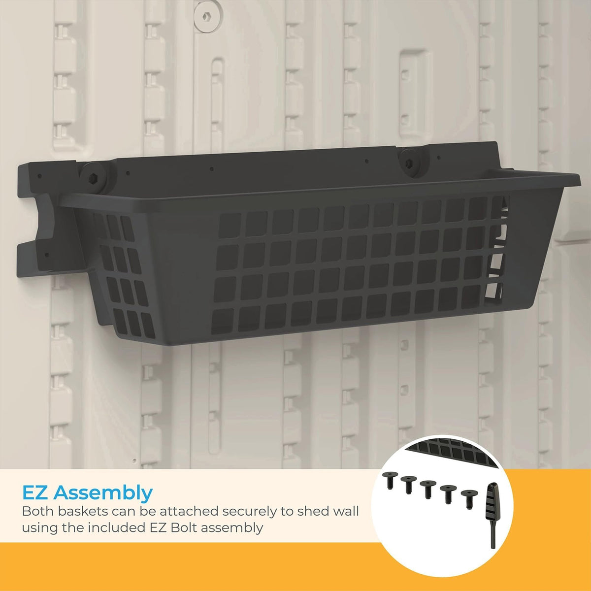 Suncast 25" x 7.25" x 7" Resin Shelf Basket Accessory with EZ Bolt Assembly for Select Outdoor Shed Storage Models, Black (2-Pack)