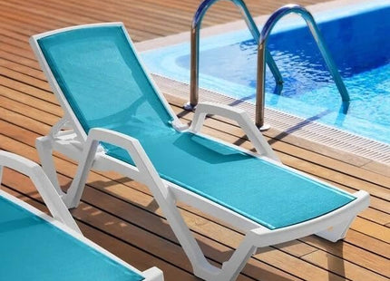 Glownary Outdoor Chaise Lounge Chair, Stackable Pool Furniture with Turquoise Sling, White Frame, 4-Pack