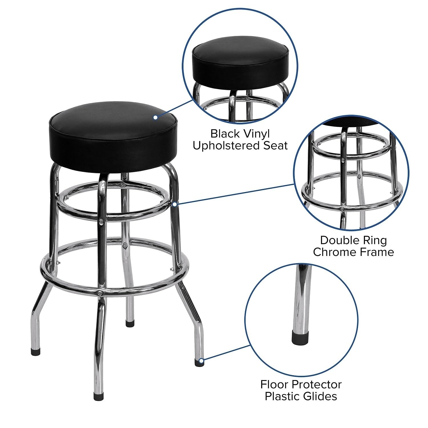 Flash Furniture Bruno 2 Pack Double Ring Chrome Barstool with Black Seat