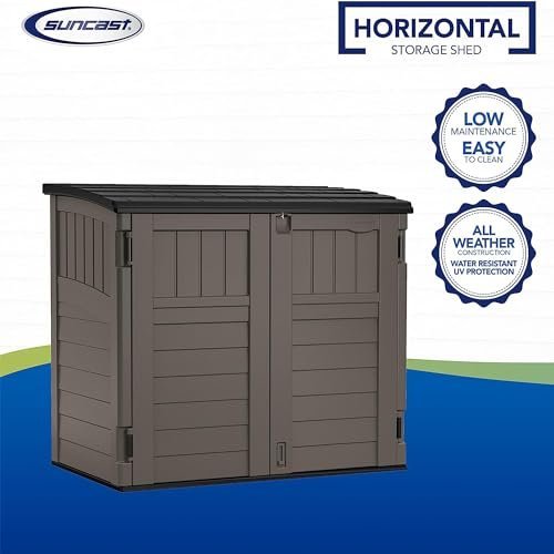 Suncast Modernist 4' x 2.5' Lockable Outdoor Garden Resin Low Profile Horizontal Storage Shed with 3 Doors, 34 Cubic Feet, Gray