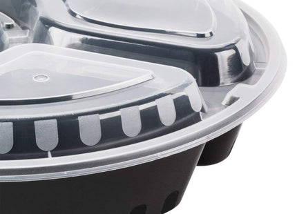 TableTop King 33 oz. Black 9" Round 3-Compartment Microwavable Heavy Weight Container with Lid - 25/Pack