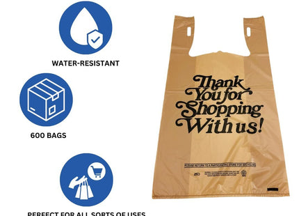 Easy Open Heavy Duty 'Thank You' Italic Print T-Shirt Plastic Bag for Retail, Groceries, Merchandise, Convenience Store, Supermarket, Restaurant - 11.5"x6.5"x21.5-600 Bags - 18 microns - Beige