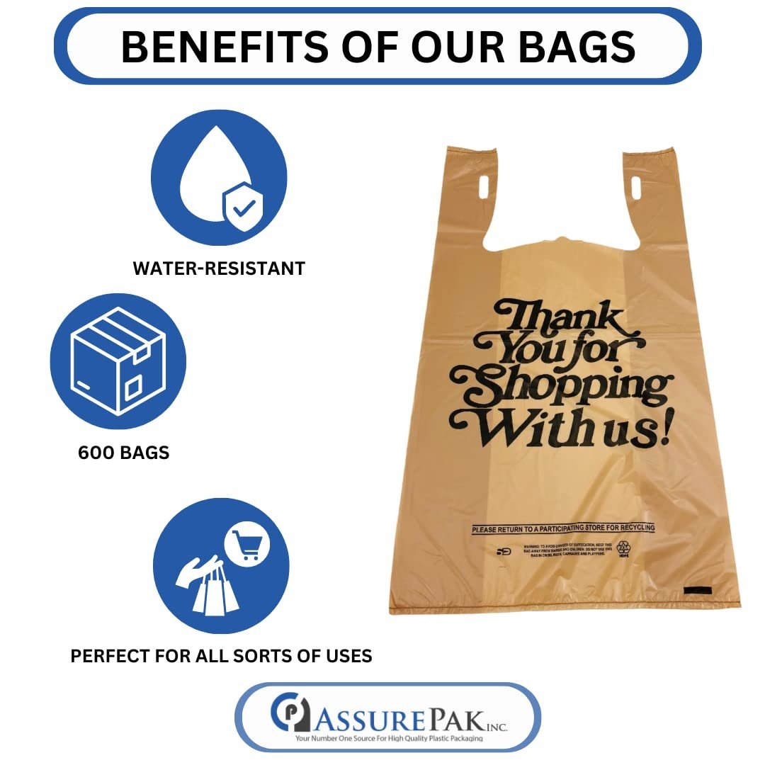 Easy Open Heavy Duty 'Thank You' Italic Print T-Shirt Plastic Bag for Retail, Groceries, Merchandise, Convenience Store, Supermarket, Restaurant - 11.5"x6.5"x21.5-600 Bags - 18 microns - Beige