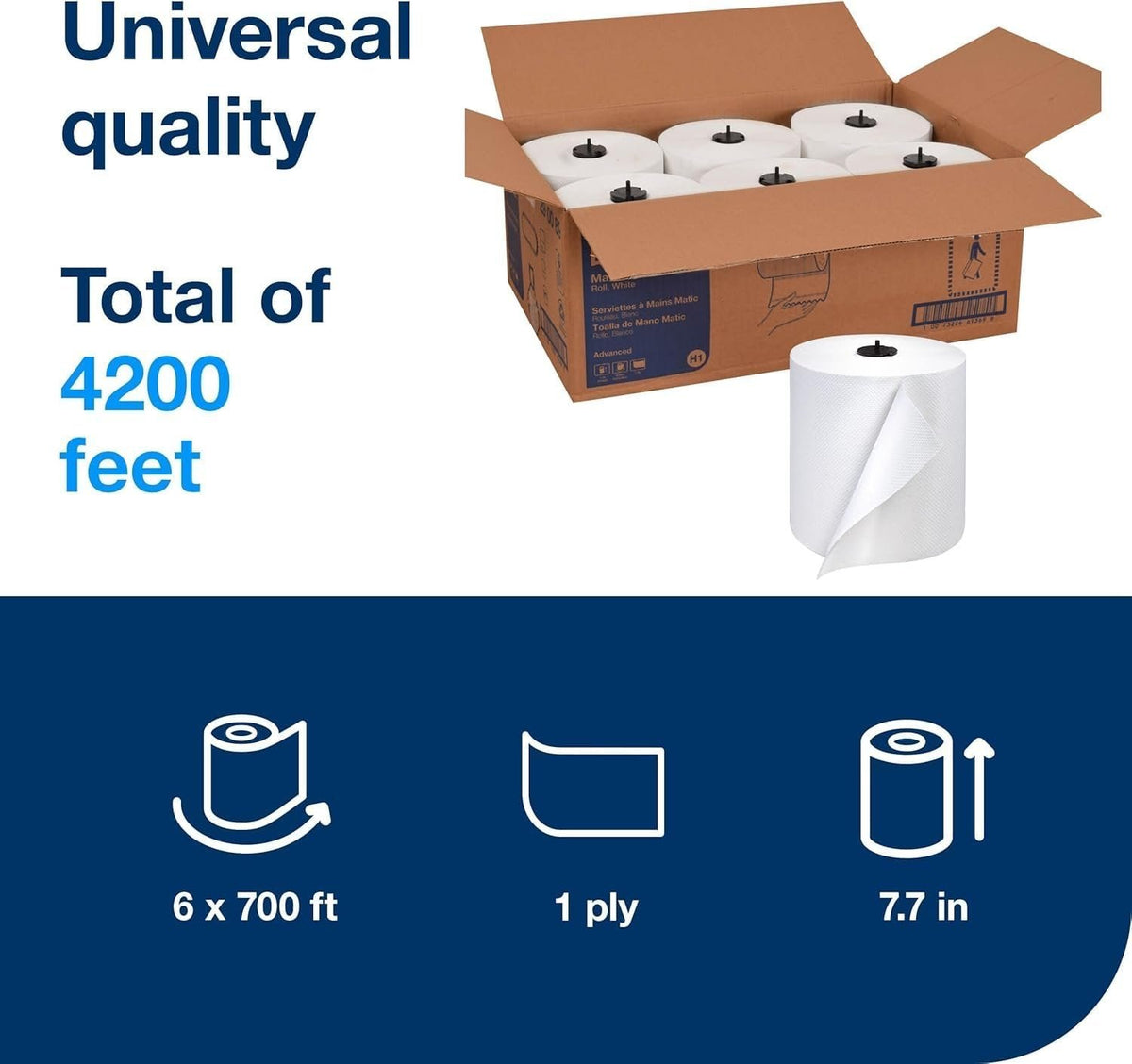 Tork Matic Advanced Paper Towel Roll H1, Paper Hand Towel 290089, 100% Recycled Fiber, High Absorbing, High Capacity 1-Ply, White - 6 Rolls x 700 ft