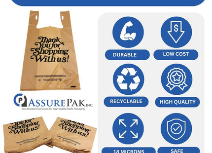 Easy Open Heavy Duty 'Thank You' Italic Print T-Shirt Plastic Bag for Retail, Groceries, Merchandise, Convenience Store, Supermarket, Restaurant - 11.5"x6.5"x21.5-600 Bags - 18 microns - Beige