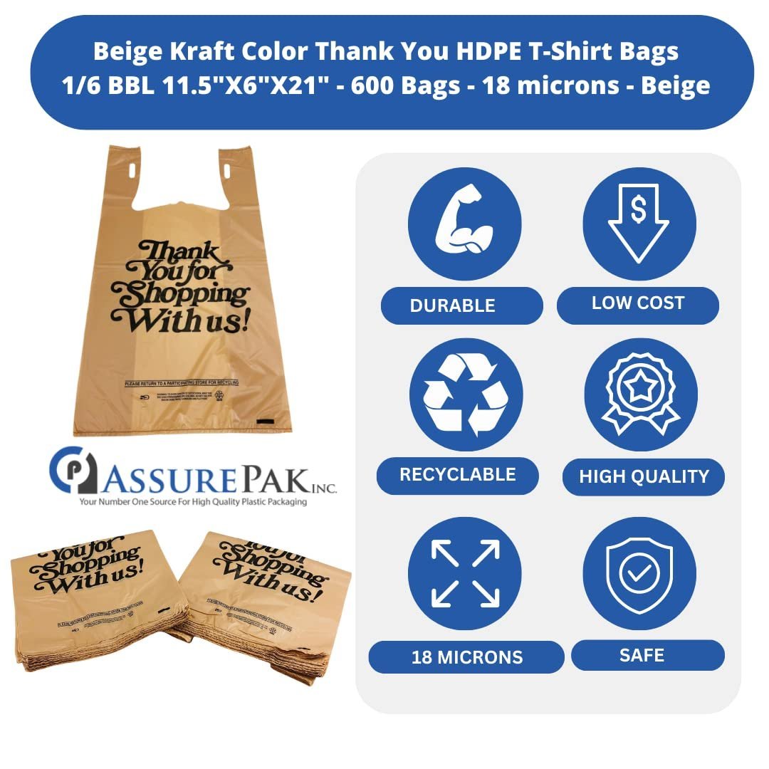 Easy Open Heavy Duty 'Thank You' Italic Print T-Shirt Plastic Bag for Retail, Groceries, Merchandise, Convenience Store, Supermarket, Restaurant - 11.5"x6.5"x21.5-600 Bags - 18 microns - Beige