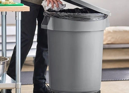 32 Gallon Gray Round Commercial Trash Can with Lid and Dolly