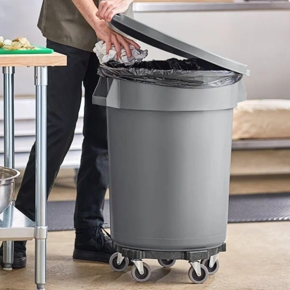 32 Gallon Gray Round Commercial Trash Can with Lid and Dolly