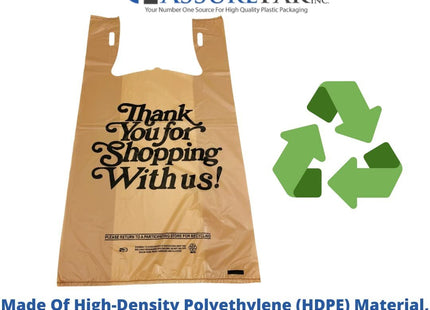 Easy Open Heavy Duty 'Thank You' Italic Print T-Shirt Plastic Bag for Retail, Groceries, Merchandise, Convenience Store, Supermarket, Restaurant - 11.5"x6.5"x21.5-600 Bags - 18 microns - Beige