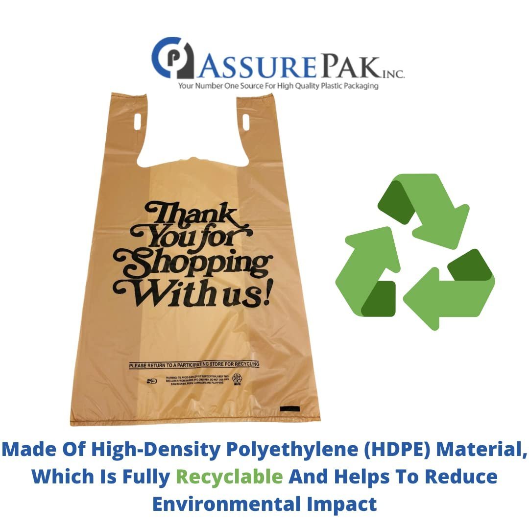 Easy Open Heavy Duty 'Thank You' Italic Print T-Shirt Plastic Bag for Retail, Groceries, Merchandise, Convenience Store, Supermarket, Restaurant - 11.5"x6.5"x21.5-600 Bags - 18 microns - Beige