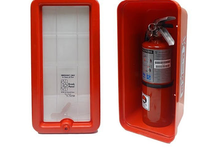 Cato Chief Plastic Fire Extinguisher Cabinet | Wall-Mounted, Rust-Proof, Fire-Retardant | Red or White | Holds 2.5-5 lb. or 10 lb. Extinguishers | Lock & Break Panel | Made in USA