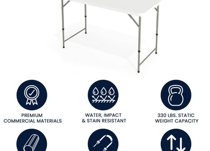 Flash Furniture 4' Rectangular Plastic Folding Event Table with Adjustable Legs and Carrying Handle, Bi-Fold Portable Banquet Table for Indoor/Outdoor Events, White