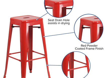 Flash Furniture Lily 4 Pack Commercial Grade 30" High Backless Red Metal Indoor-Outdoor Barstool with Square Seat