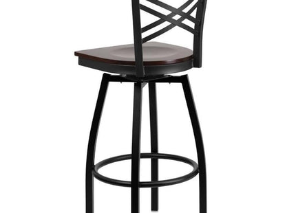 HERCULES Series Black ''X'' Back Swivel Metal Barstool - Black Vinyl Seat