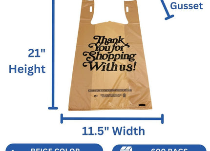 Easy Open Heavy Duty 'Thank You' Italic Print T-Shirt Plastic Bag for Retail, Groceries, Merchandise, Convenience Store, Supermarket, Restaurant - 11.5"x6.5"x21.5-600 Bags - 18 microns - Beige