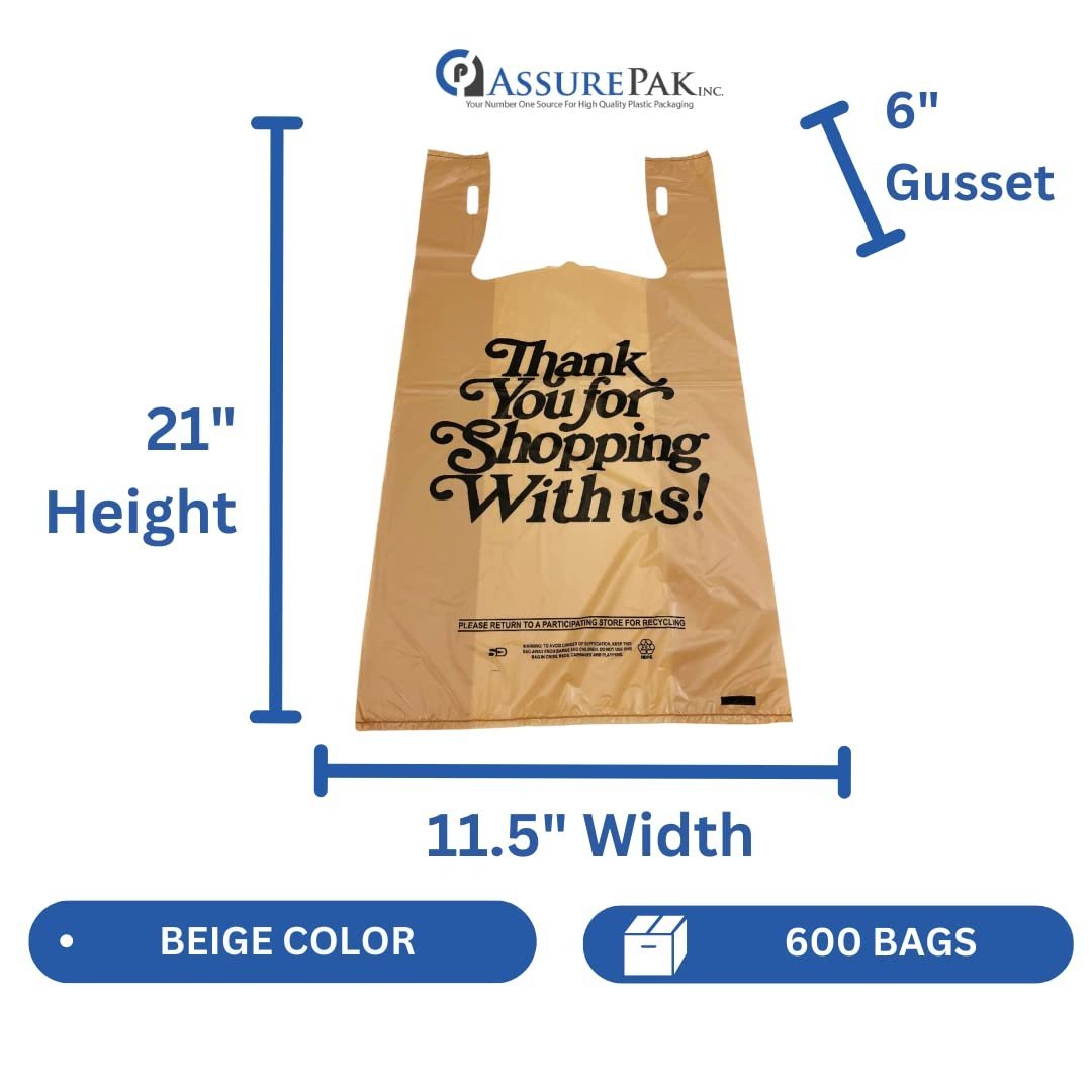 Easy Open Heavy Duty 'Thank You' Italic Print T-Shirt Plastic Bag for Retail, Groceries, Merchandise, Convenience Store, Supermarket, Restaurant - 11.5"x6.5"x21.5-600 Bags - 18 microns - Beige