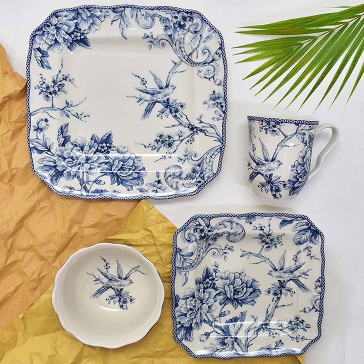 222 Fifth Adelaide 16-Piece Square Floral Dinnerware Set – Service for 4, Porcelain Plates & Bowls, for Everyday Dining & Entertainment, Microwave & Dishwasher Safe, Chip Resistant