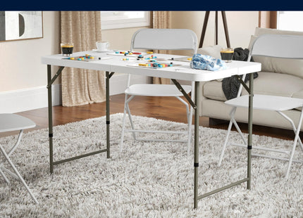 Flash Furniture 4' Rectangular Plastic Folding Event Table with Adjustable Legs and Carrying Handle, Bi-Fold Portable Banquet Table for Indoor/Outdoor Events, White