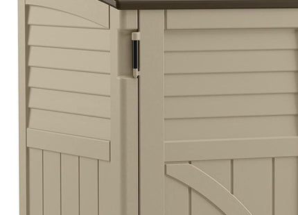 Suncast 34 Cubic Feet Durable All Weather Lockable Horizontal Plastic Compact Storage Shed for Garden, Backyard, Patio, and Pool Supplies, Sand
