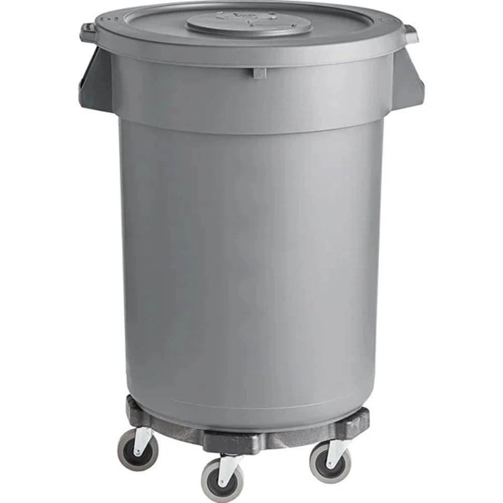32 Gallon Gray Round Commercial Trash Can with Lid and Dolly