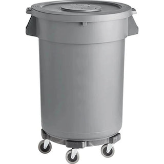 32 Gallon Gray Round Commercial Trash Can with Lid and Dolly