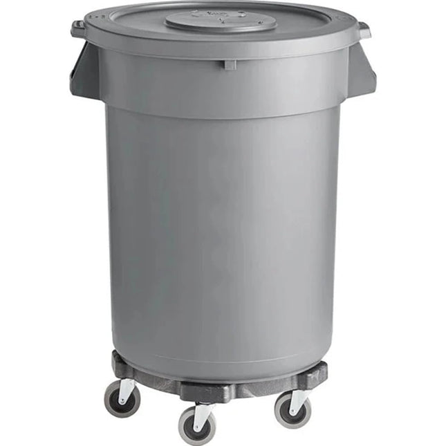 32 Gallon Gray Round Commercial Trash Can with Lid and Dolly