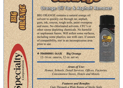 Big Orange - Orange Oil Tar & Asphalt Remover, Case of 12 (16 oz) cans