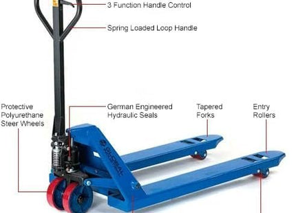 Global Industrial High Capacity Pallet Jack with 27"W x 48"L Forks, 6600 Lb. Capacity, Manual Duty Truck for Warehouse, Manufacturing and Retail, Blue Powder Coat Finish