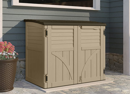 Suncast 34 Cubic Feet Durable All Weather Lockable Horizontal Plastic Compact Storage Shed for Garden, Backyard, Patio, and Pool Supplies, Sand