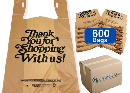 Easy Open Heavy Duty 'Thank You' Italic Print T-Shirt Plastic Bag for Retail, Groceries, Merchandise, Convenience Store, Supermarket, Restaurant - 11.5"x6.5"x21.5-600 Bags - 18 microns - Beige
