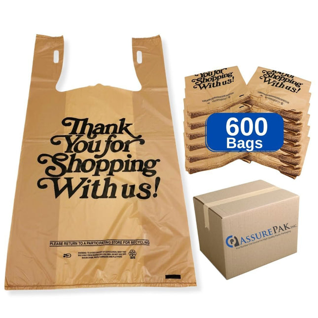 Easy Open Heavy Duty 'Thank You' Italic Print T-Shirt Plastic Bag for Retail, Groceries, Merchandise, Convenience Store, Supermarket, Restaurant - 11.5"x6.5"x21.5-600 Bags - 18 microns - Beige
