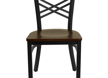 Flash Furniture 2 Pack HERCULES Series Black ''X'' Back Metal Restaurant Chair - Mahogany Wood Seat