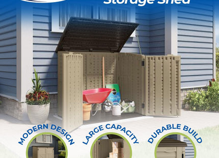 Suncast 34 Cubic Feet Durable All Weather Lockable Horizontal Plastic Compact Storage Shed for Garden, Backyard, Patio, and Pool Supplies, Sand