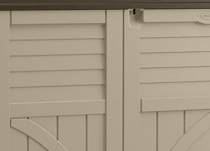 Suncast 34 Cubic Feet Durable All Weather Lockable Horizontal Plastic Compact Storage Shed for Garden, Backyard, Patio, and Pool Supplies, Sand