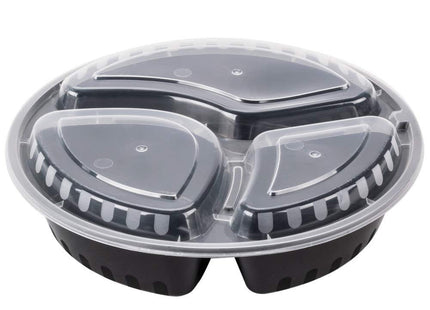 TableTop King 33 oz. Black 9" Round 3-Compartment Microwavable Heavy Weight Container with Lid - 25/Pack