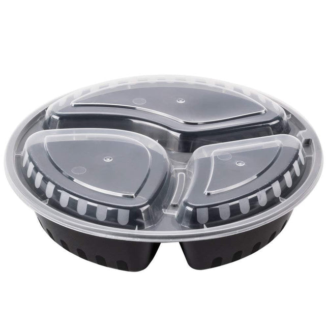 TableTop King 33 oz. Black 9" Round 3-Compartment Microwavable Heavy Weight Container with Lid - 25/Pack