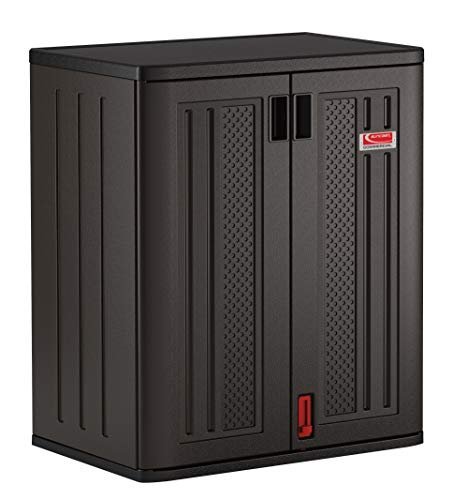 Suncast Commercial Heavy-Duty 9 Cubic Ft. Resin Storage Cabinet with Lockable Handles, Adjustable Metal-Reinforced Shelves for Garage or Workspace, Black, Made in The USA