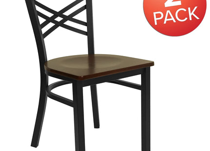 Flash Furniture 2 Pack HERCULES Series Black ''X'' Back Metal Restaurant Chair - Mahogany Wood Seat