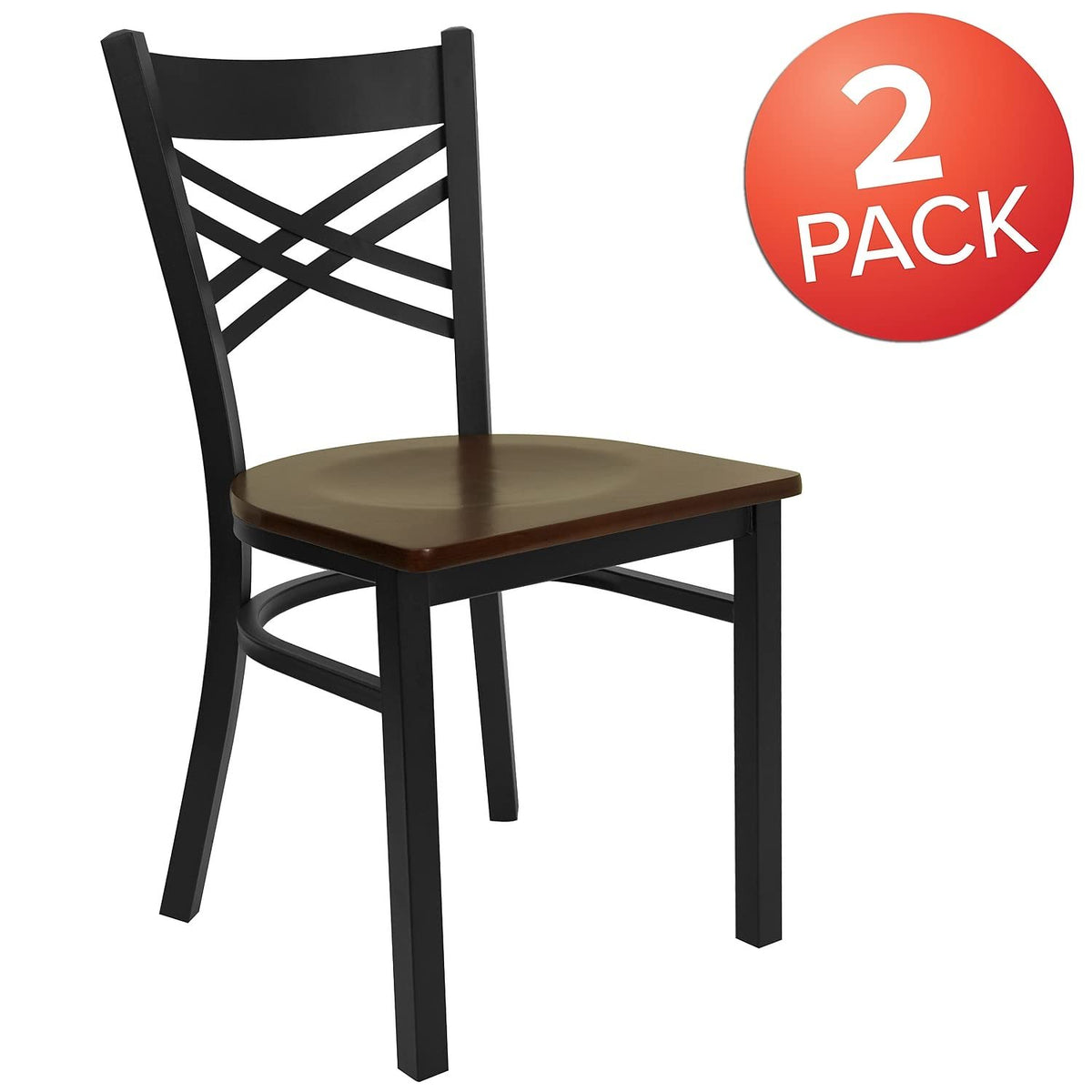 Flash Furniture 2 Pack HERCULES Series Black ''X'' Back Metal Restaurant Chair - Mahogany Wood Seat