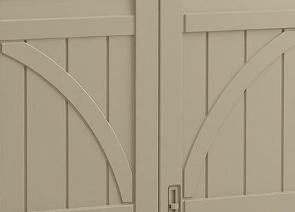 Suncast 34 Cubic Feet Durable All Weather Lockable Horizontal Plastic Compact Storage Shed for Garden, Backyard, Patio, and Pool Supplies, Sand